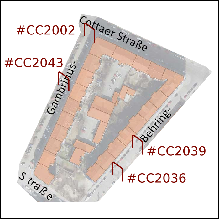 Karte des Blocks Behringstraße / Gambrinusstraße / Cottaer Straße / Altonaer Straße mit an den Wunschorten symbolhaft eingezeichneten Fahrradbügeln